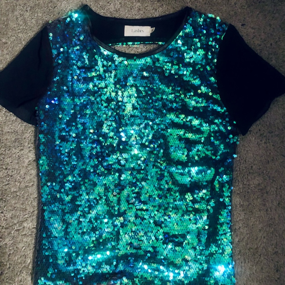 ASOS Beautiful Real Blue Green Sequin top. Back & around is Mesh Sz Small Exc C!
